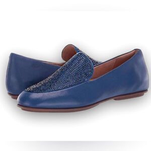 Fitflop Lena‎ Slip On Leather Loafers in Navy with Navy Rhinestones NWOB, 7